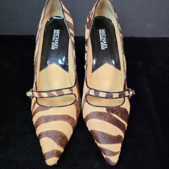 Michael Michael Kors Brown/Cream Zebra Striped Calf Hair Leather Pump 9 - Picture 1 of 8